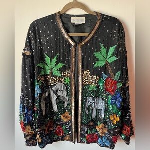 Vintage, 90s Elephant Tropical Silk Beaded & Sequin Cocktail Jacket 🐘✨